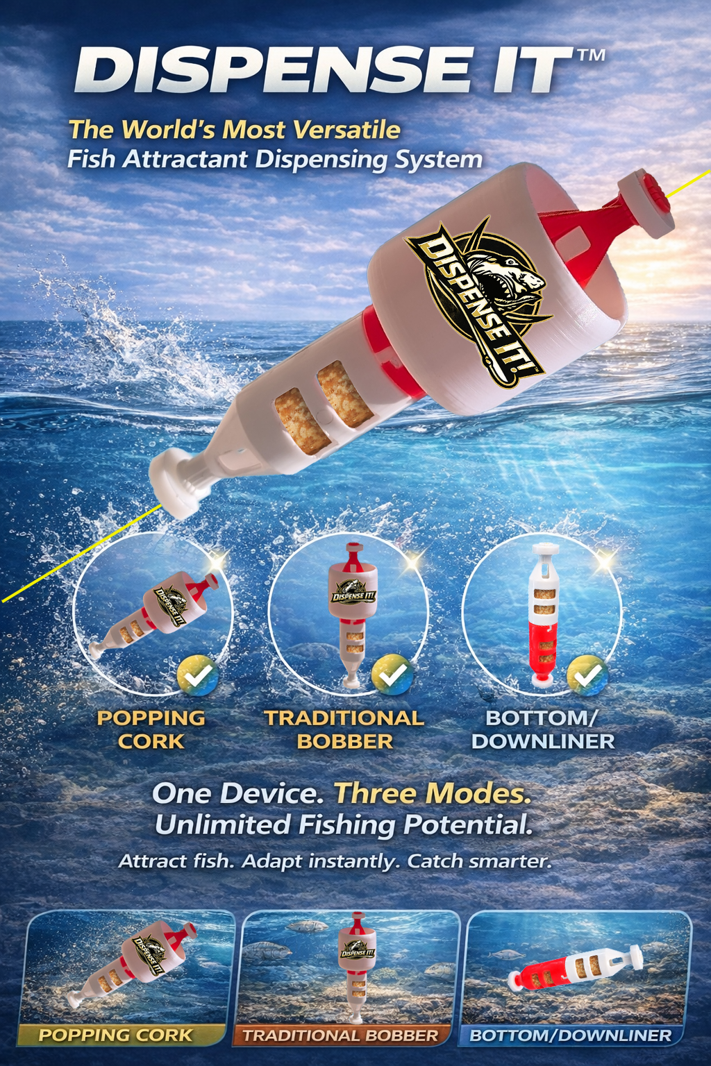 DISPENSE IT dispenser deployed in water with three fishing mode insets